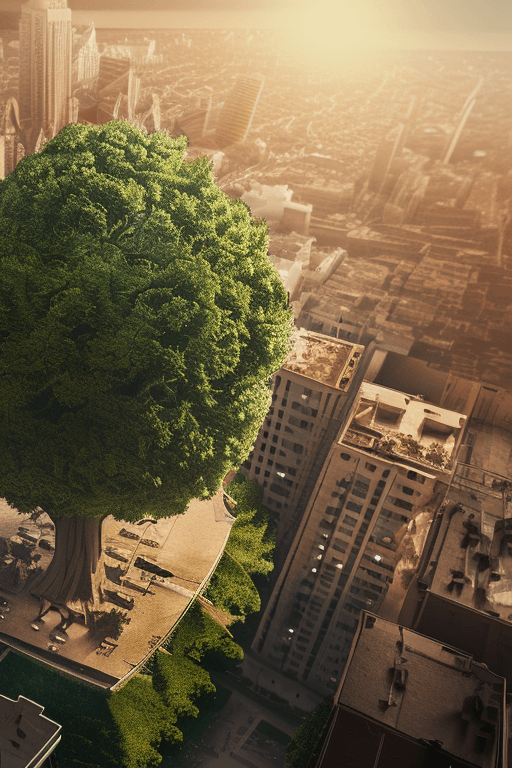 AI generated: a massive tree in the center of the frame with city buildings around it.   Earth life is based off t...