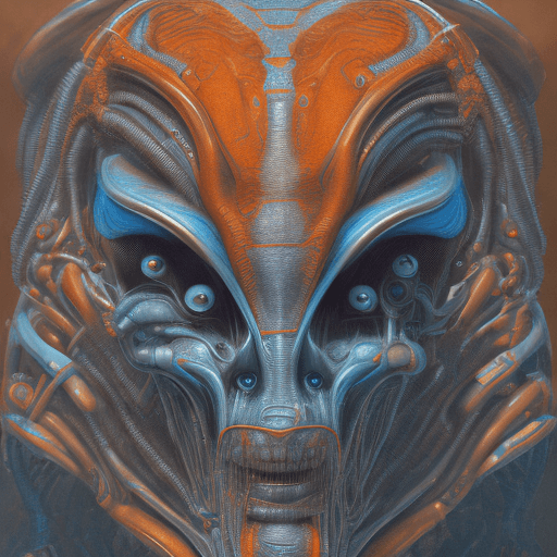 AI generated: alien cyborg art and illustration by theo el, in the style of balanced symmetry, light orange and cy...