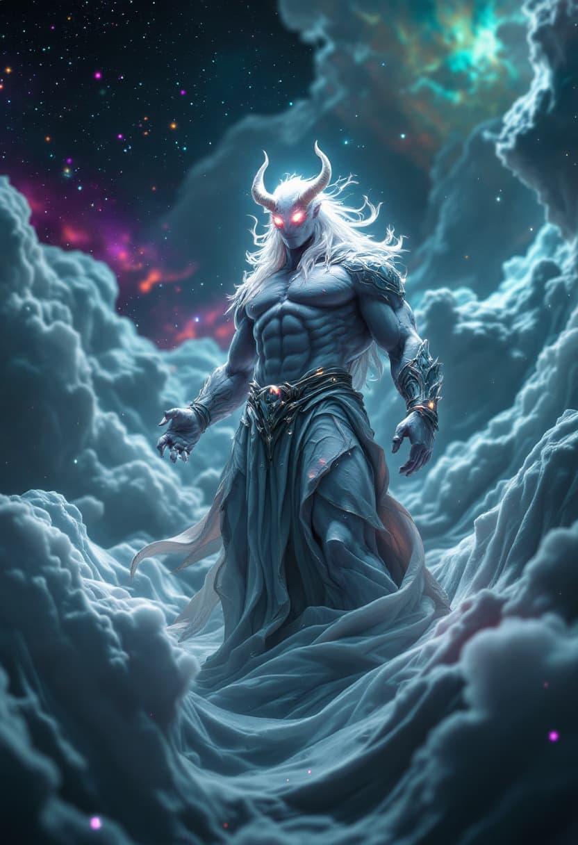 AI generated: God of Sound, full-body, No Hair or mouth,  Etherial, muscular, Glowing Rainbow eyes, epic, cinemati...