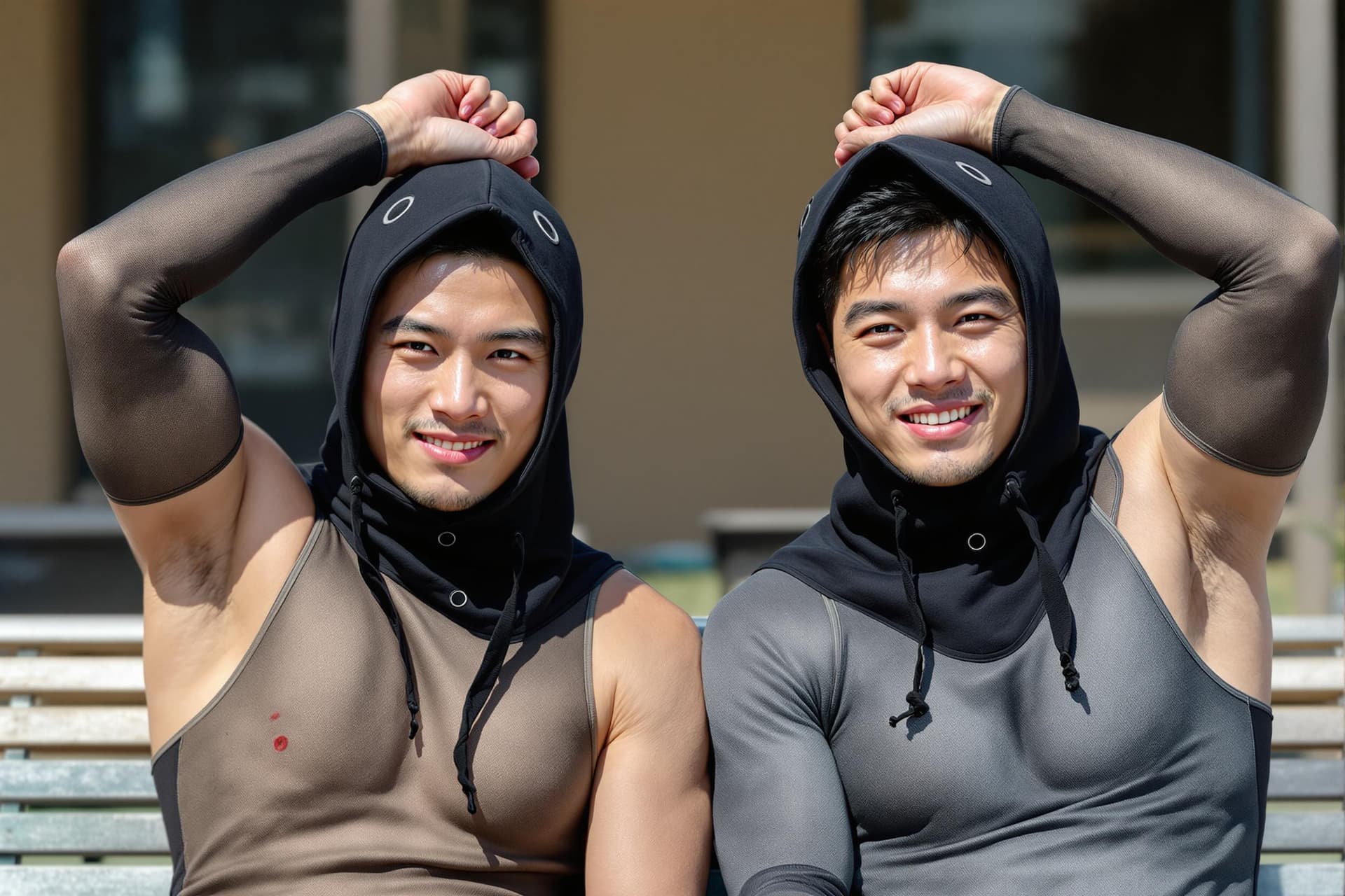 AI generated: Two male Asian born Taiwanese strong athletes wearing compression jammers in day time. They are sitt...