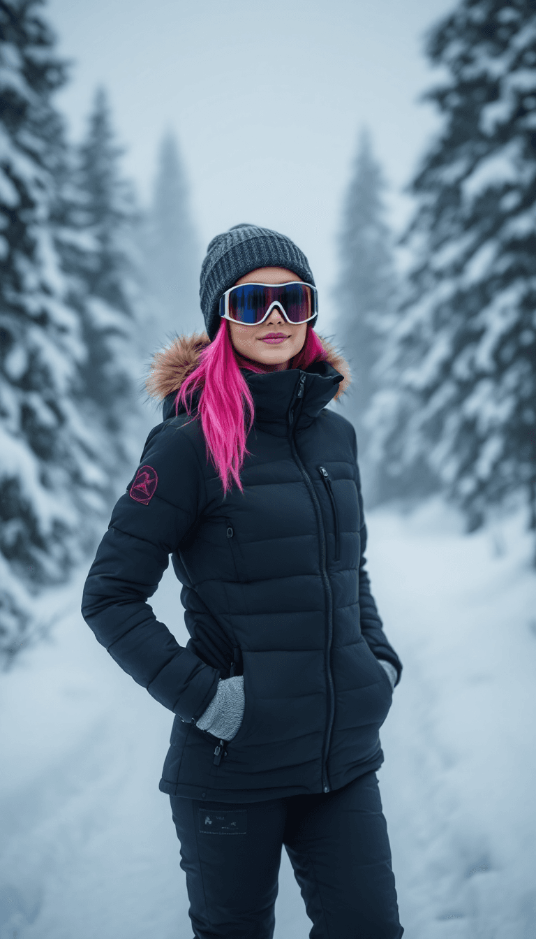 AI generated: Winter scene with a woman in a black insulated jacket and snow pants, gray gloves, and beanie, stand...