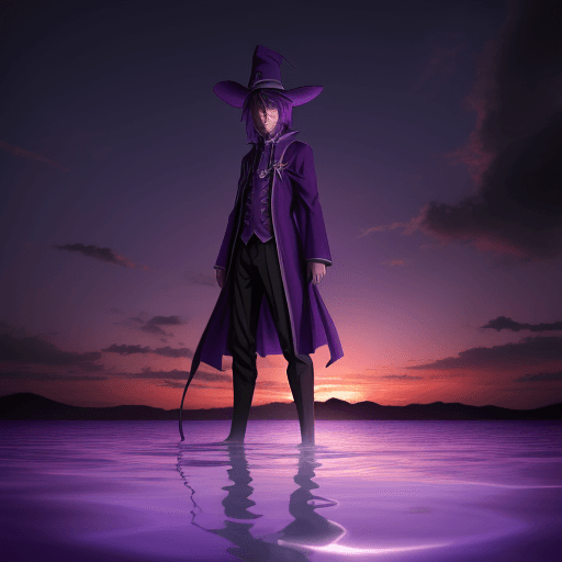 AI generated: drawing anime wizard standing alone in a pool of purple water with a purple sunset behind him