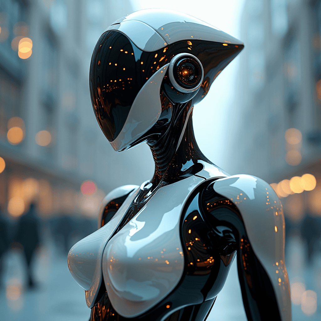 AI generated: a robot designed by Zaha Hadid featuring sleek and almost liquid splashy form in a style of far sci-...