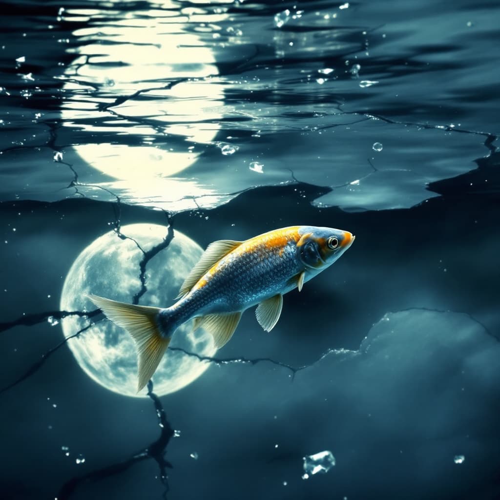 AI generated: “Nighttime scene. A white-gold fish swimming under a smooth, fractured ice surface. The ice is gloss...