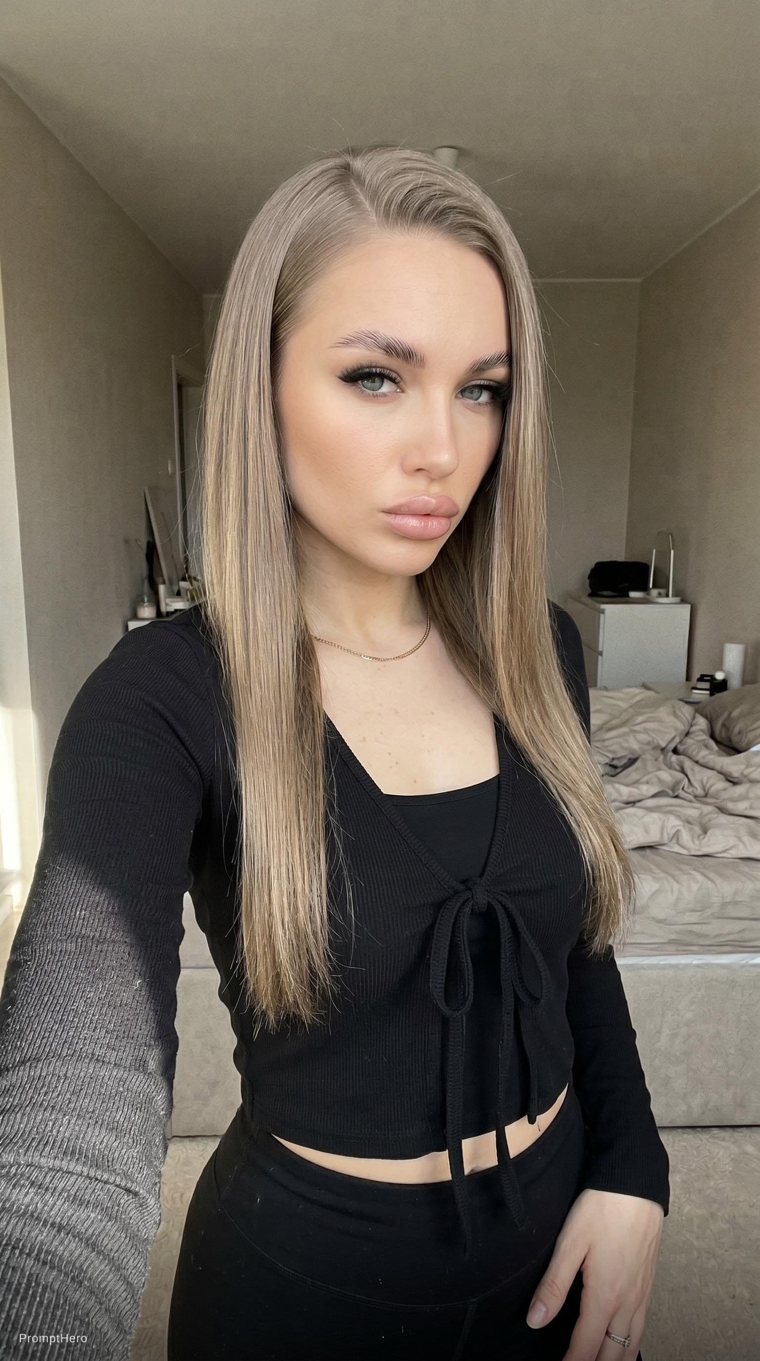 AI generated: Candid iPhone front camera selfie of a young adult European-looking woman indoors.
Arm’s-length self...