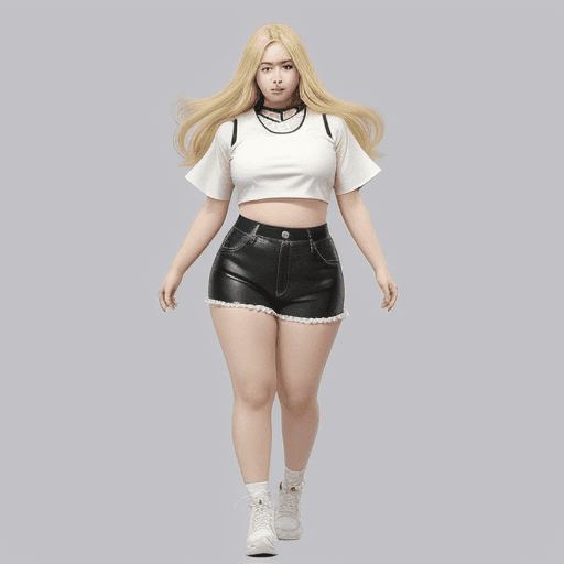 AI generated: modern fat anime girl long blonde hair crop top full body