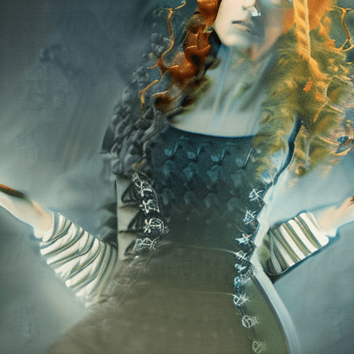 AI generated: A young witch with long, curly red hair, heterochromia, and a soft face, is wearing a tightly laced ...
