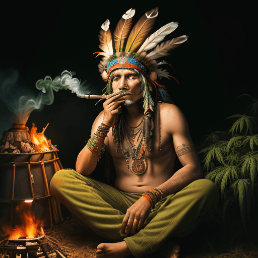 AI generated: High-resolution photograph of a psychedelic scene, indian chief with a cannabis headdress, smoking a...
