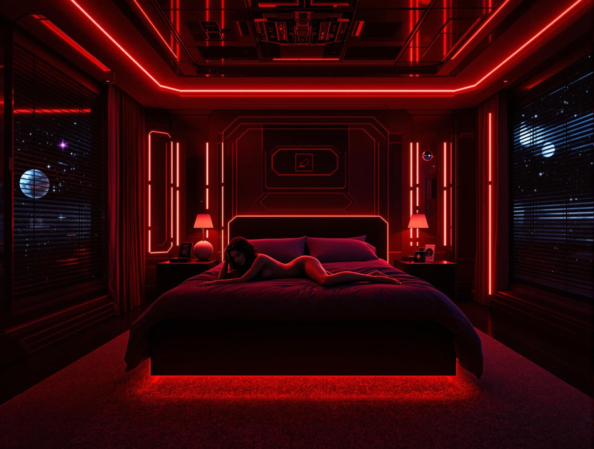 AI generated: 1 girl naked laying in a dark bedroom with red led lights, huge king size bed, Star wars themed room...