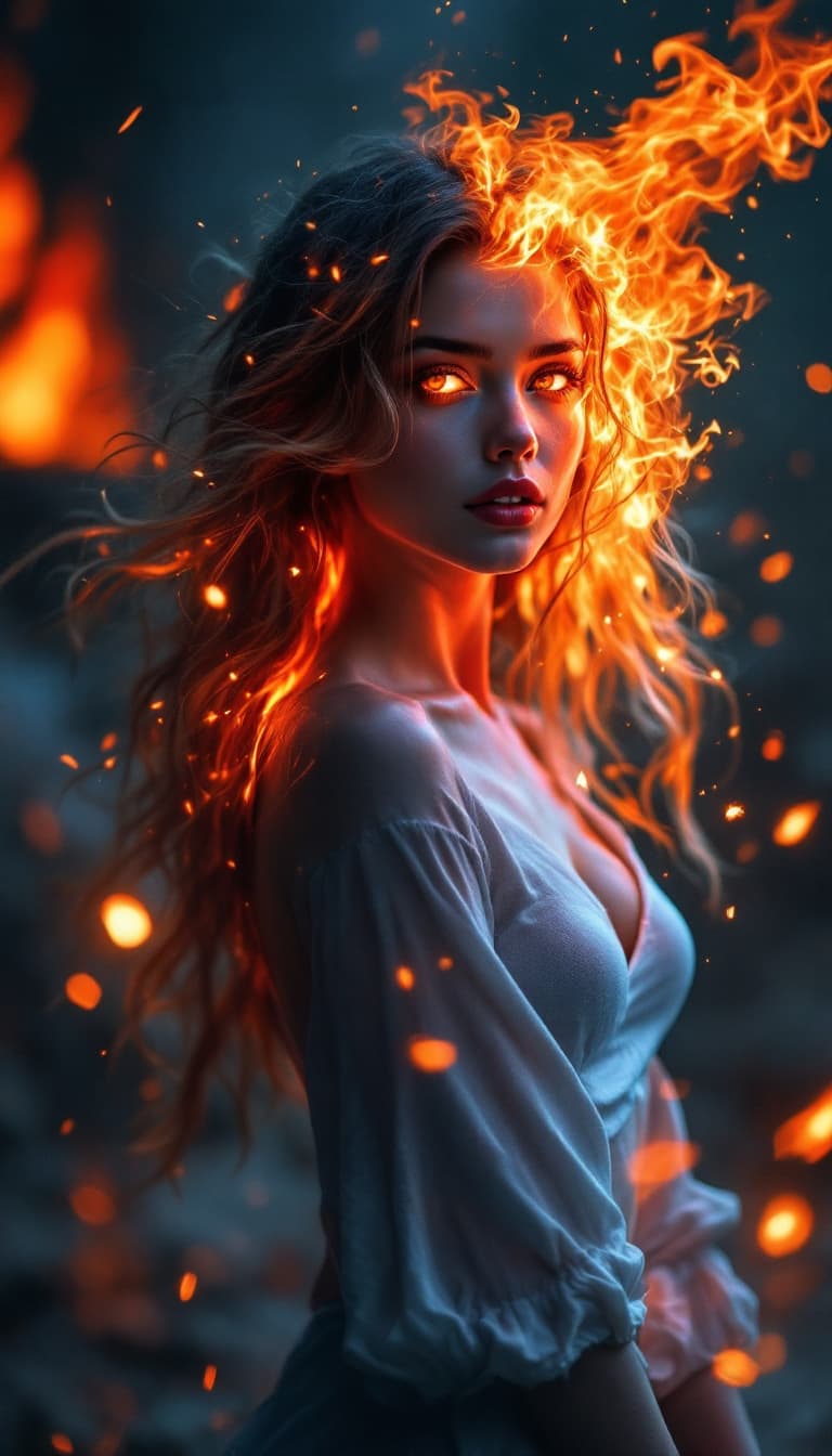 AI generated: (( face prompt - ChatGPT

You said:
give full deatil poto tovideo promt girl convert fire girl with ...