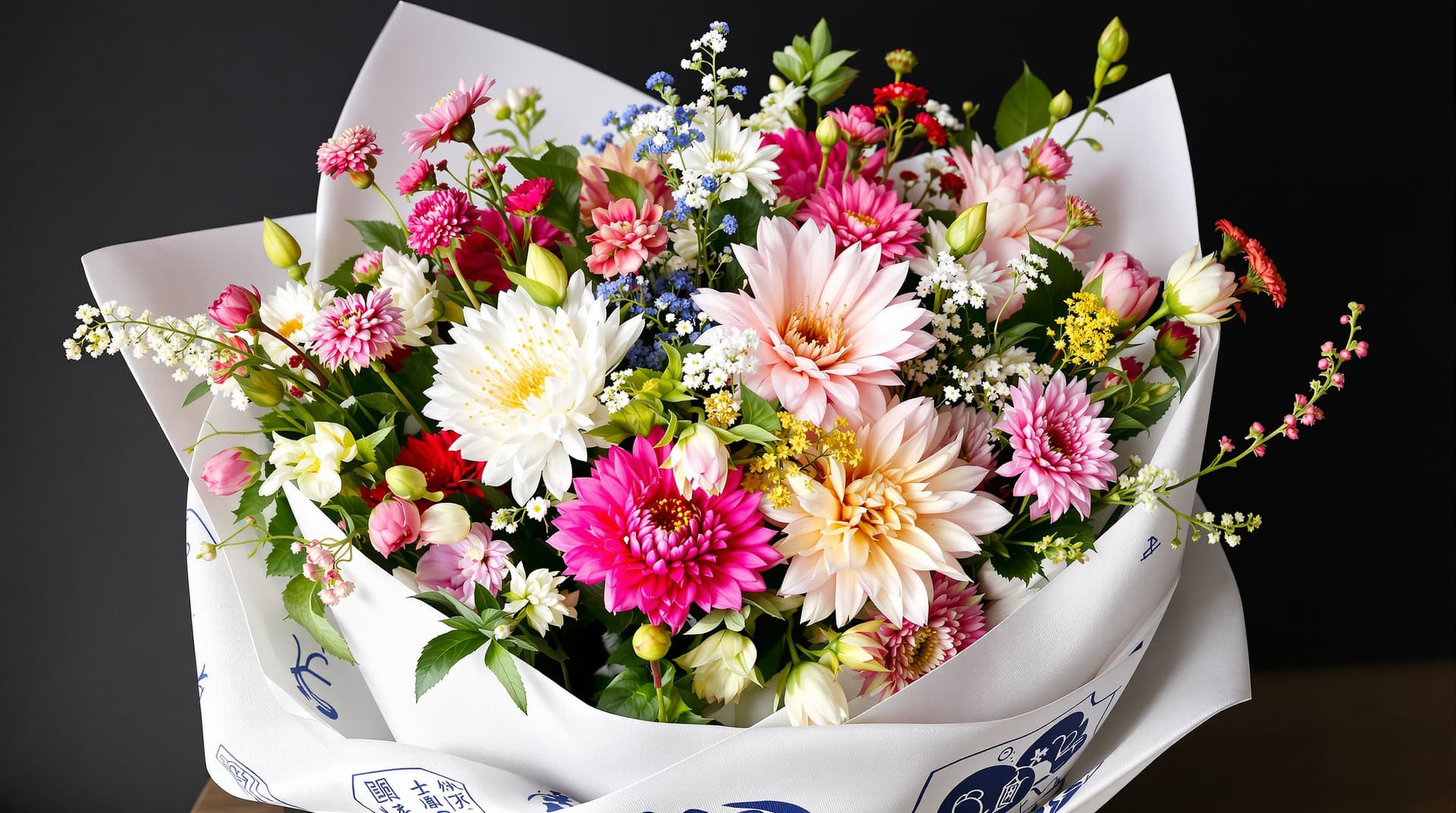 AI generated:  A stunningly vivid Japanese floral bouquet is showcased, partially wrapped in a furoshiki tissu wit...