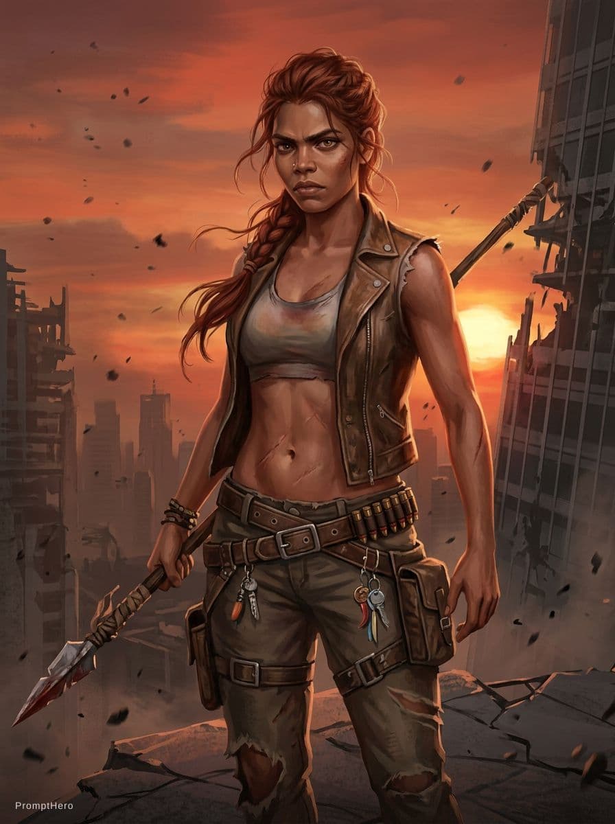AI generated: A resilient female scavenger stands on the fractured edge of a ruined city as a blood orange sunset ...