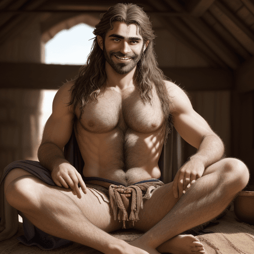 AI generated: ((Far-Shot Angle)), head to toe, medieval male gypsy peasant, tiny loin cloth, hairy chest, hairy le...