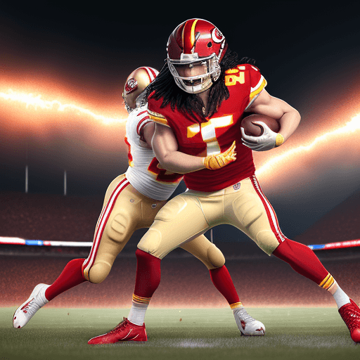AI generated: in a tackle football action on field shot of The Kansas City Chiefs, iconic Red and white uniforms a...