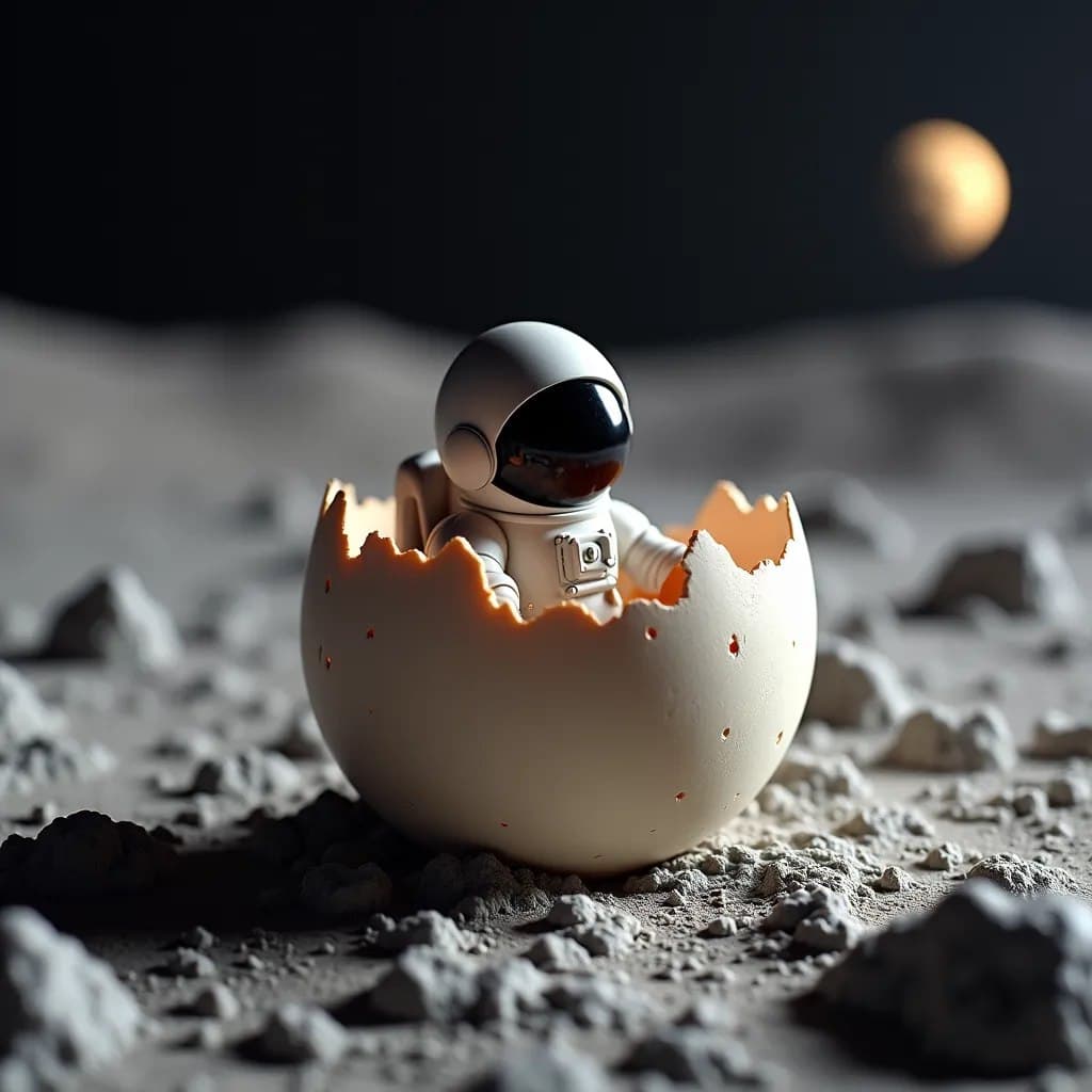 AI generated: a tiny astronaut hatching from an egg on the moon