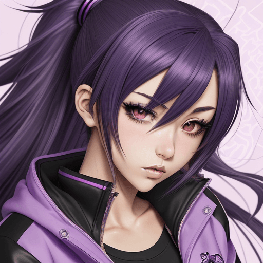 AI generated: Close up of a person with sexy hair and a purple jacket, sporty anime girl, with big breasts, cute a...