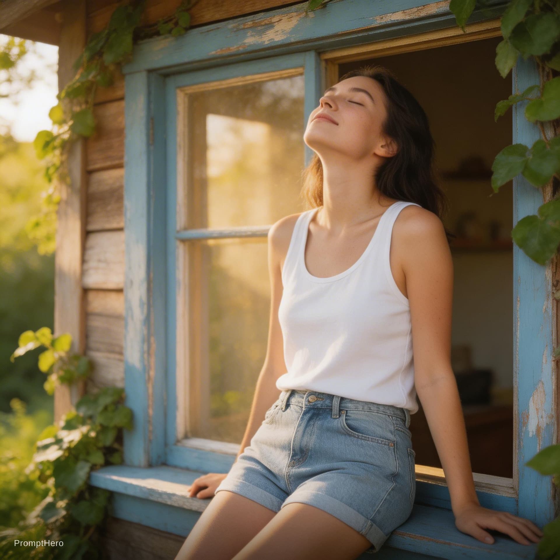 AI generated: Woman sitting in rustic blue window frame, white tank top, denim shorts, head tilted back, eyes clos...