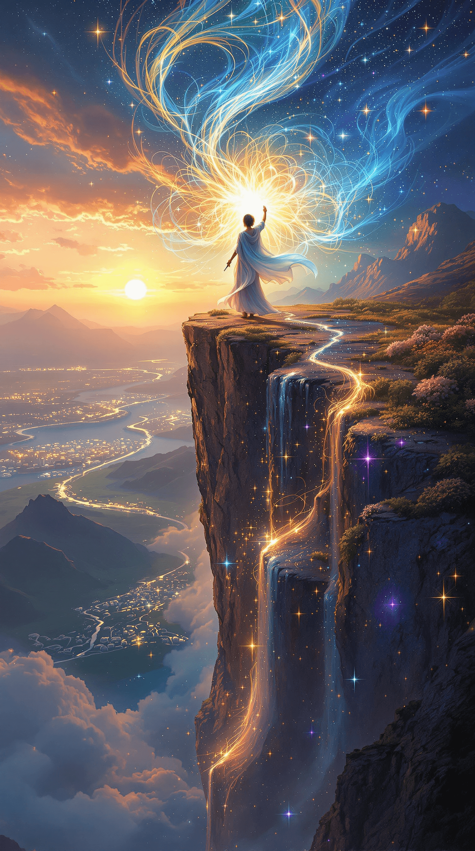 AI generated: (Ultra-high resolution, Hyper-detailed fantasy art:1.5) An enigmatic painter stands atop a towering ...