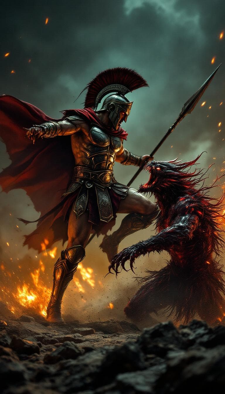 AI generated: epic battle scene, Spartan warrior waist-up, positioned above, thrusting spear downward at a demonic...