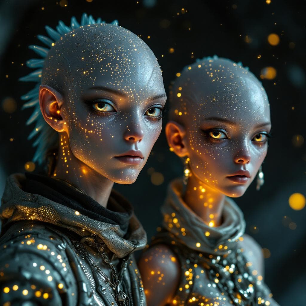 AI generated: Create a unique, flesh, organic, species, Male and Female. Otherworldly human figures with iridescen...