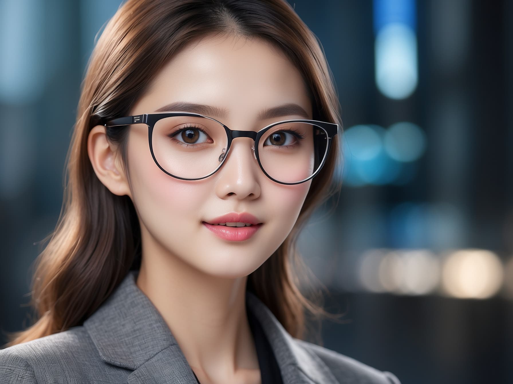 AI generated: a woman wearing glasses and a suit, a stock photo by Lü Ji, trending on cg society, purism, stylish,...
