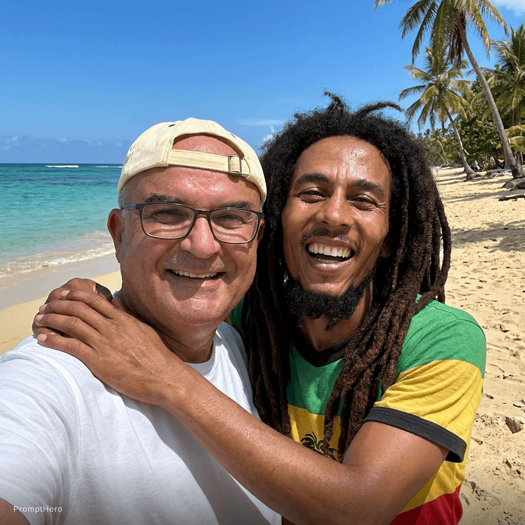 AI generated: with bob marley at a tropical beach, sunny day, both smiling