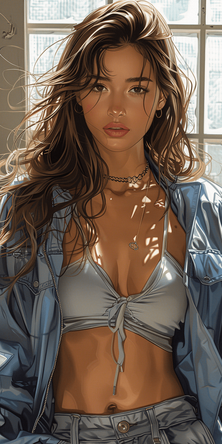 AI generated: A digital illustration of a mid-20s Asian woman wearing grey leather pants, a cropped blue jacket, a...
