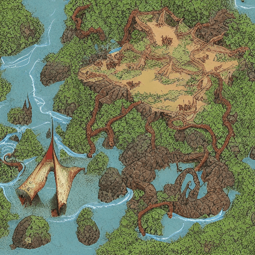 AI generated: Dungeons and Dragons battle map of a long jungle ravine with floodwater at the bottom steep sides wi...