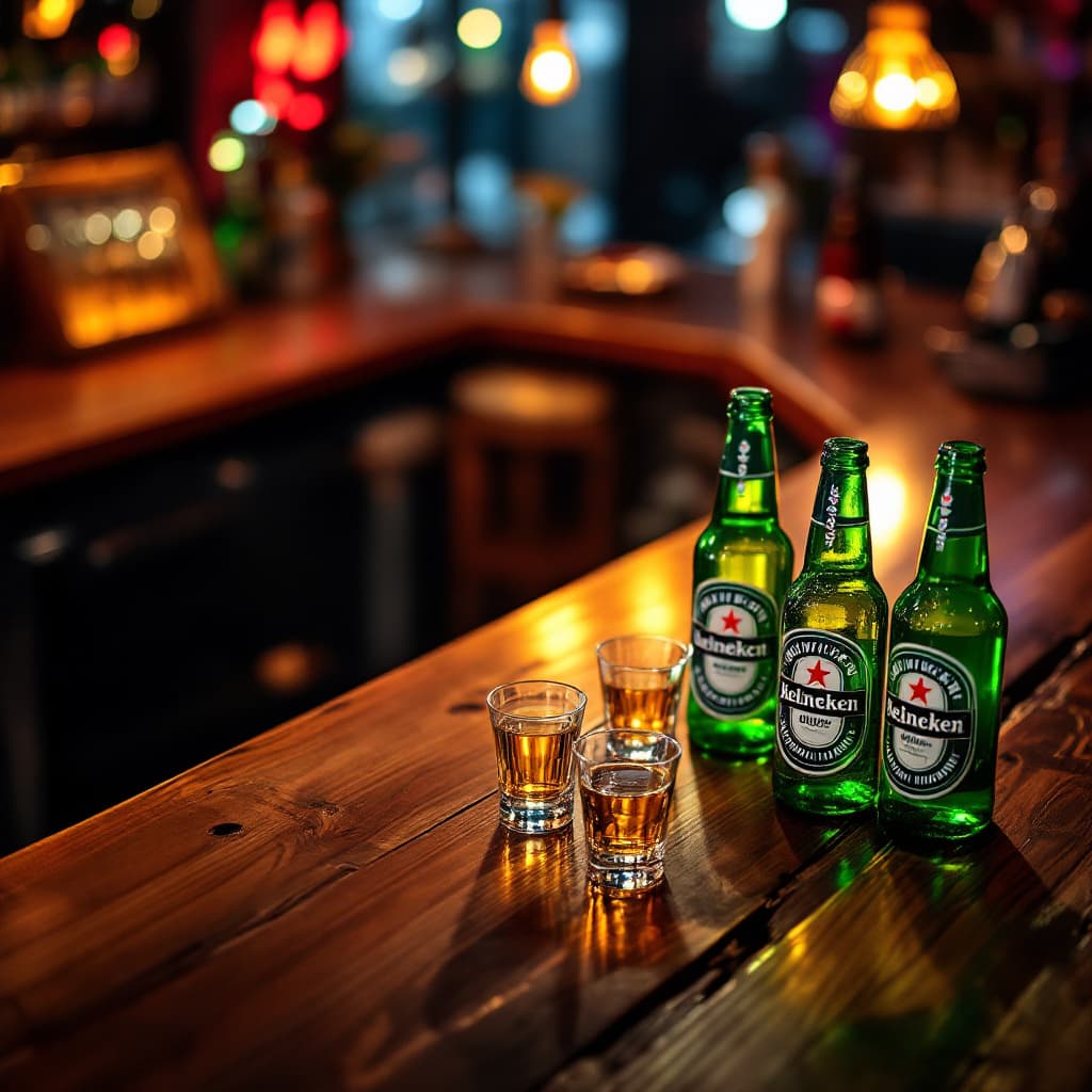 AI generated: Photography of the wooden bar in a modern nightclub. The image features 4 empty shot-glasses and 2 H...