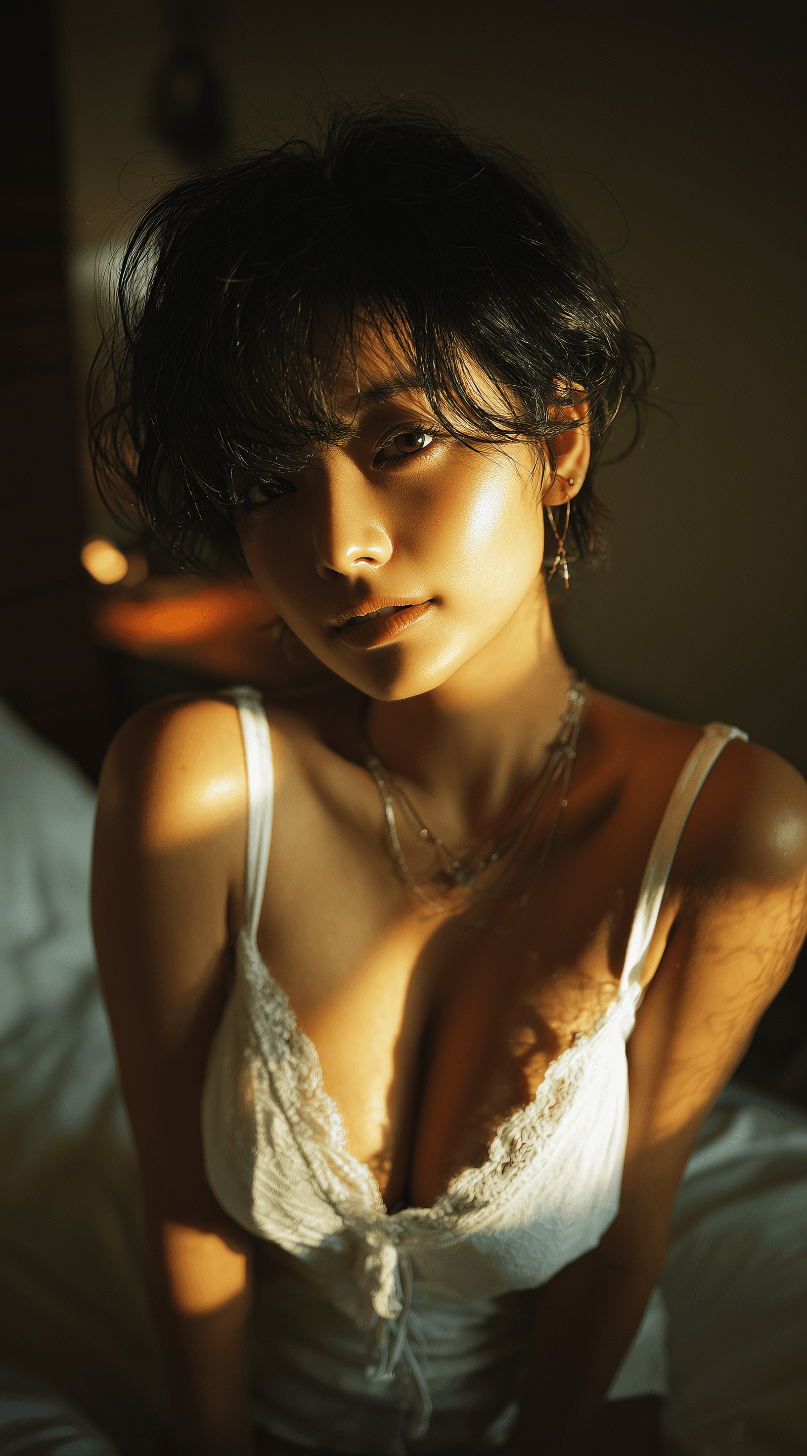 AI generated: Photograph of a beautiful, kawaii Japanese woman in a white lase top posing for the camera while loo...