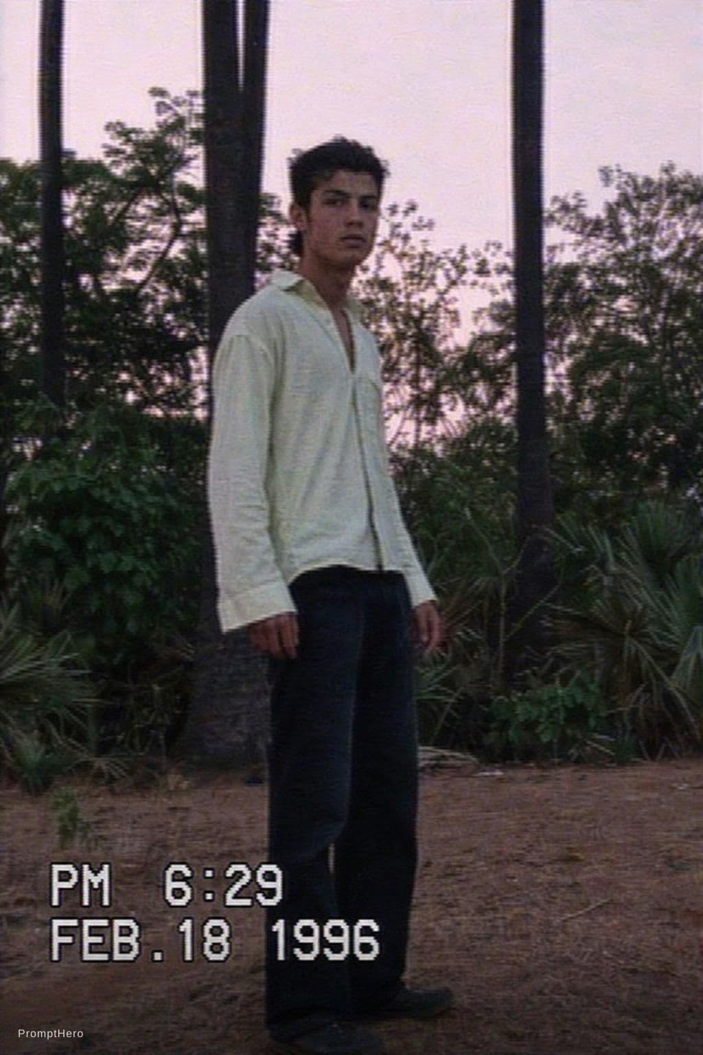 AI generated: Image of Cristiano Ronaldo from a VHS camcorder recorder in a highschool in Feb of 1996. Same grain ...
