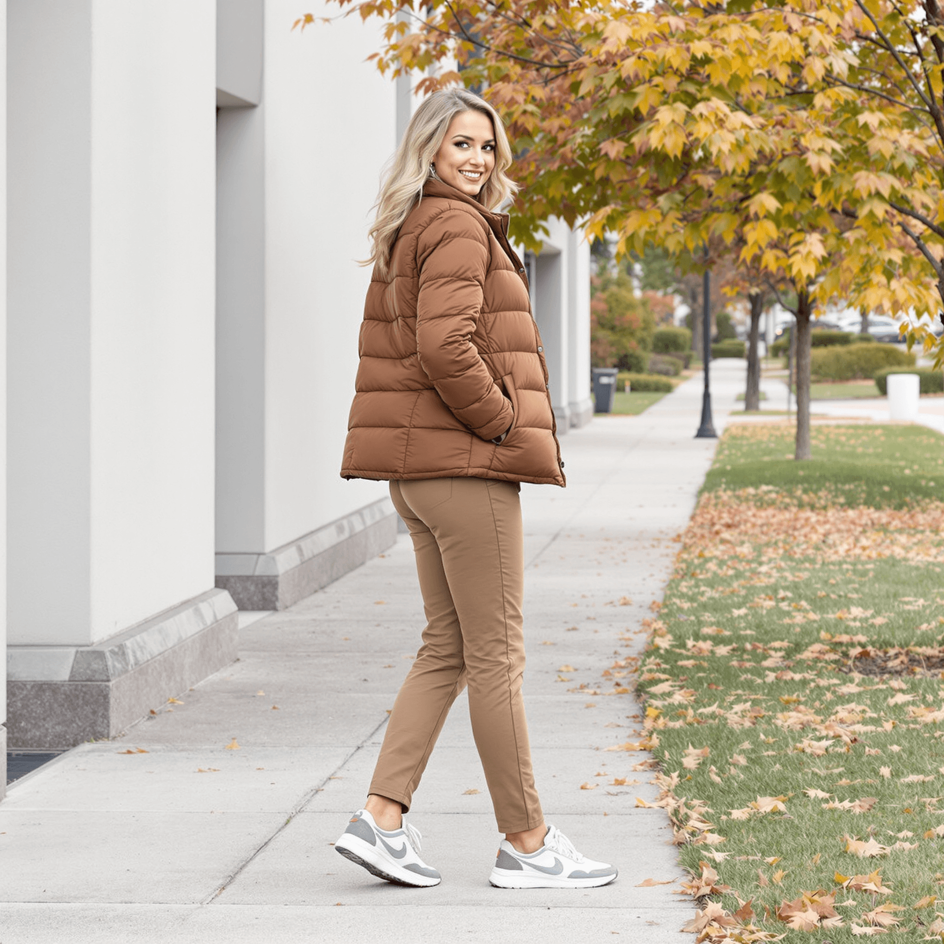 AI generated: A woman in a brown jumpsuit and brown puffer jacket stands slightly angled on a sidewalk, looking ov...