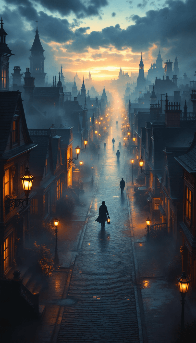 AI generated: A Victorian-era town at the break of dawn, viewed from a high, dreamlike perspective. Endless rows o...