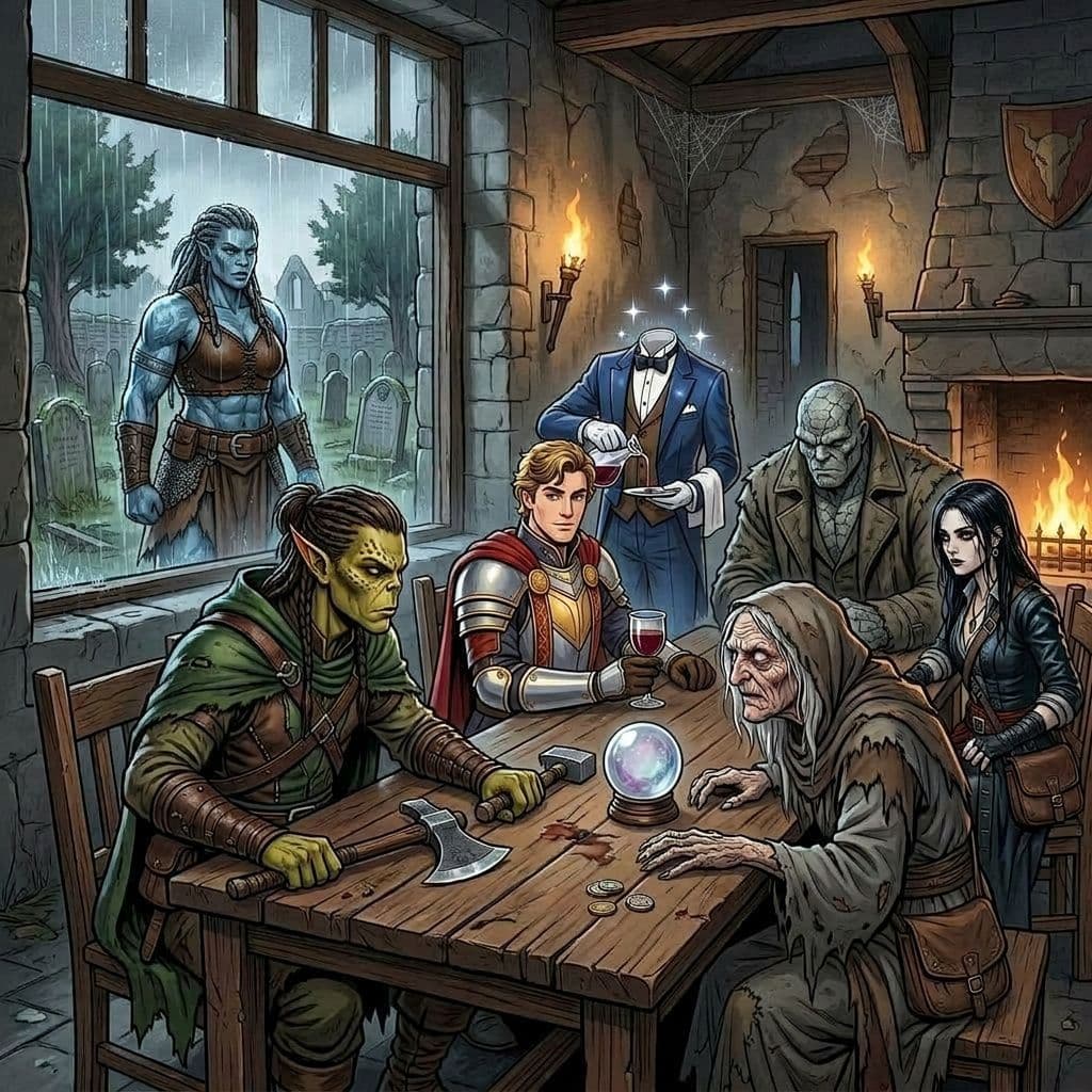 AI generated: a male githzerai fighter keeps an eye on an old blind hag as he sits at a table across from her, wit...