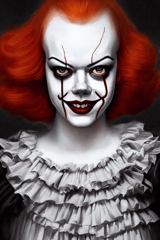 AI generated: A beautiful portrait of Emma Stone as Pennywise from IT movie, digital art by Eugene de Blaas and Ro...