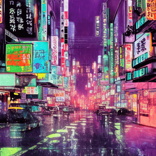 AI generated: Sci-fi, cyberpunk, Tokyo at night in the rain, neon lights, flying cars, watercolor