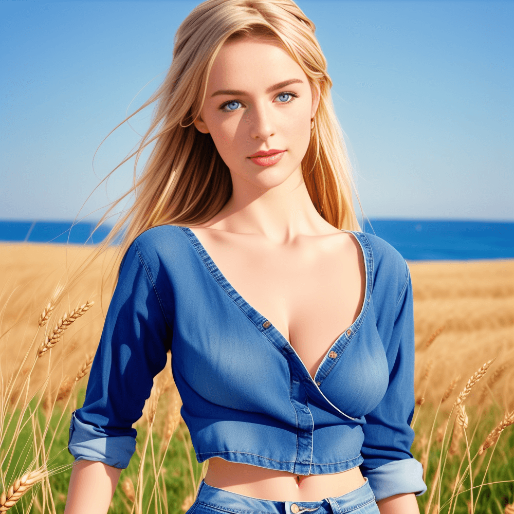 AI generated: A portrait photo of German woman with beautiful face and light blue eyes standing near the coast of ...