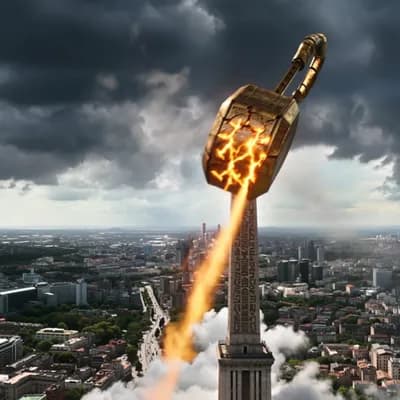 AI generated video: Aerial wide shot of Buenos Aires under a dark stormy sky. The Obelisco is clearly visible in the cen...