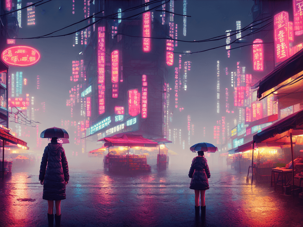 AI generated: girl in front of a market, rainy foggy cyberpunk city neo tokyo, cinematic lighting, reflections, 4k...