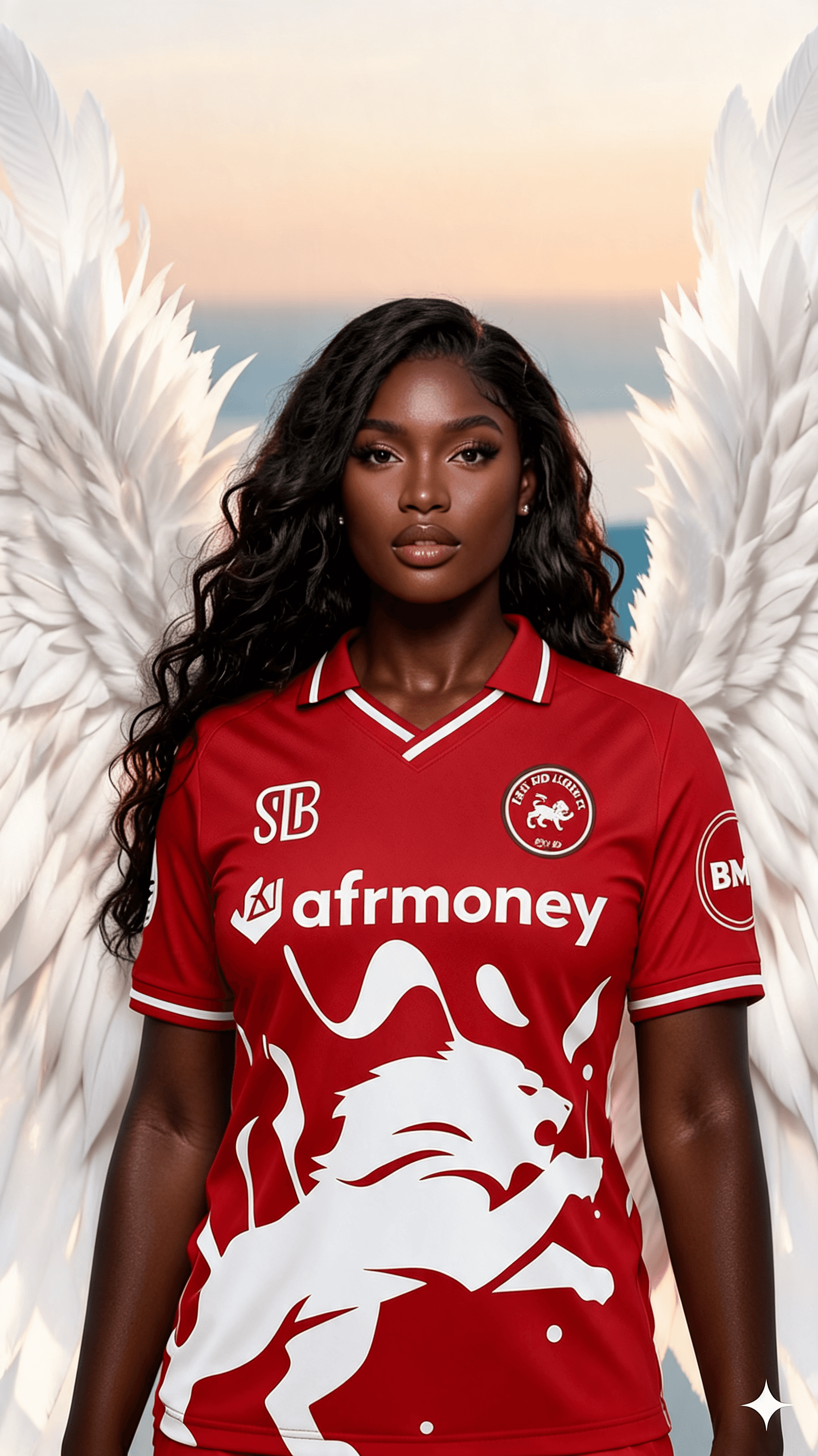 AI generated: swap the outfit of the angel with the attached red jersey. let the angel wear the jersey