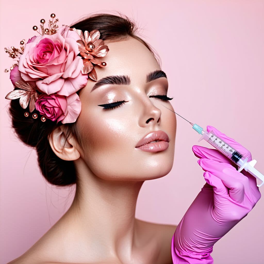 AI generated: 
Bottox salon, beautiful woman with closed eyes, with pink and rose gold flowers on one side of the...