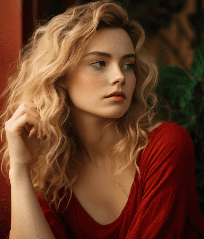 AI generated: A young beautiful girl with blonde hair with bronze highlights, sits, facing slightly sideways, hand...