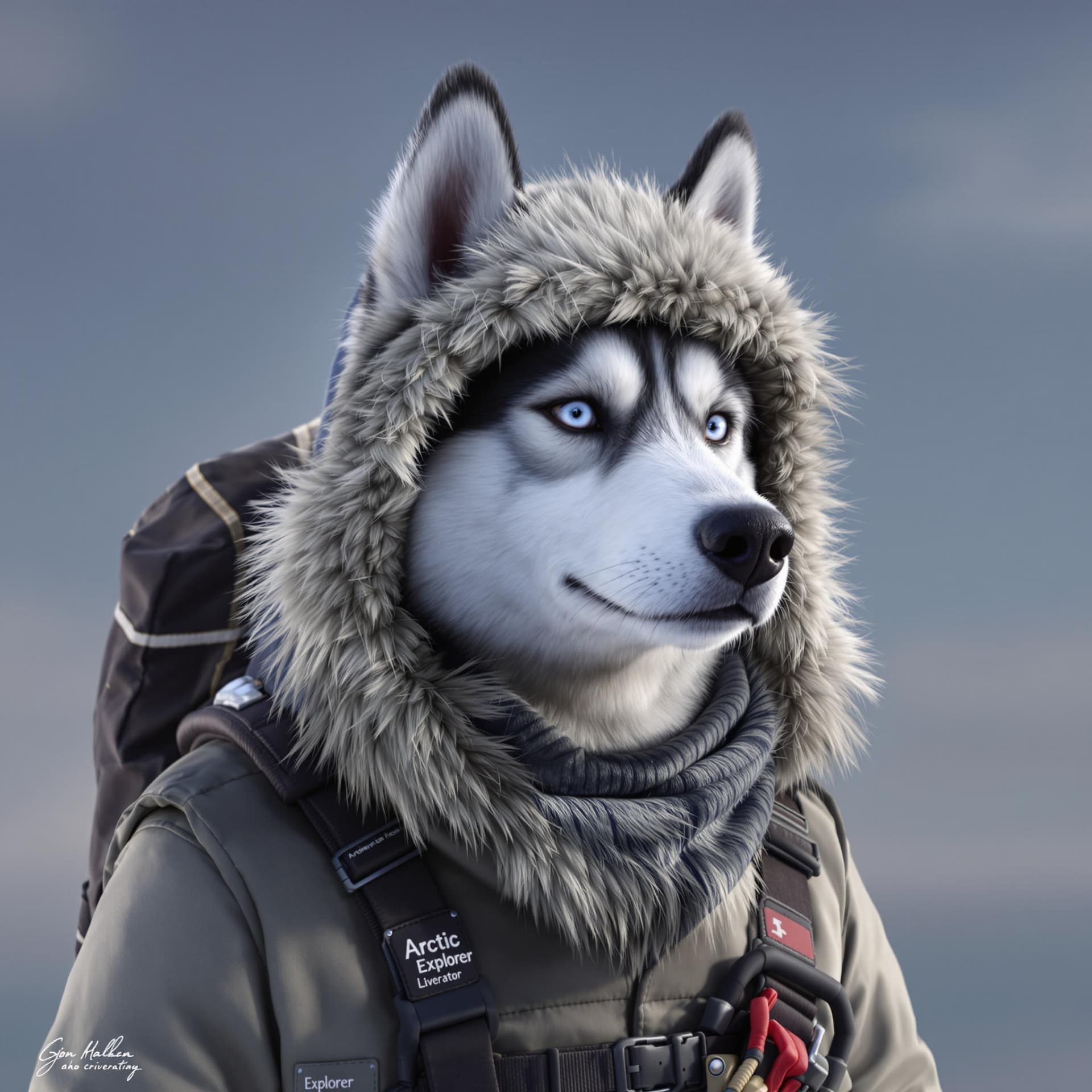 AI generated: A siberian husky dressed as an arctic Explorer, digital art, 3D, HD