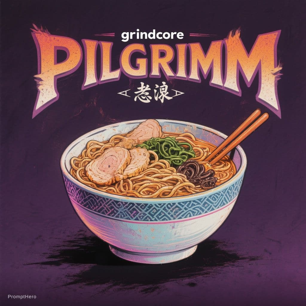 AI generated: Text 'PILGRIMM' with 'desire' in kanji under the M's, text font 'grindcore', text color 'gradient mi...