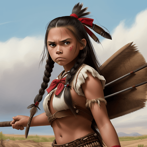 AI generated: american angry young native girl, with bow and tomahawk, 8k, wild west style, 