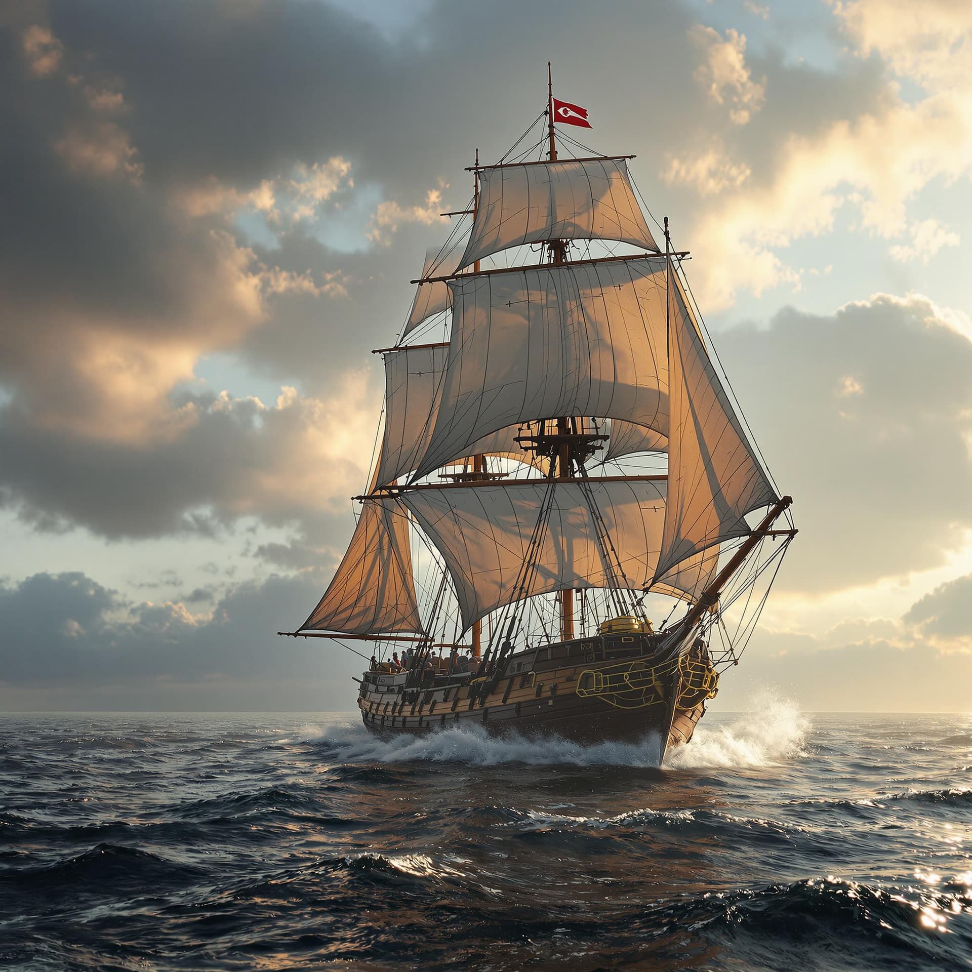 AI generated: Photo of a ultra realistic sailing ship, dramatic light, pale sunrise, cinematic lighting, battered,...