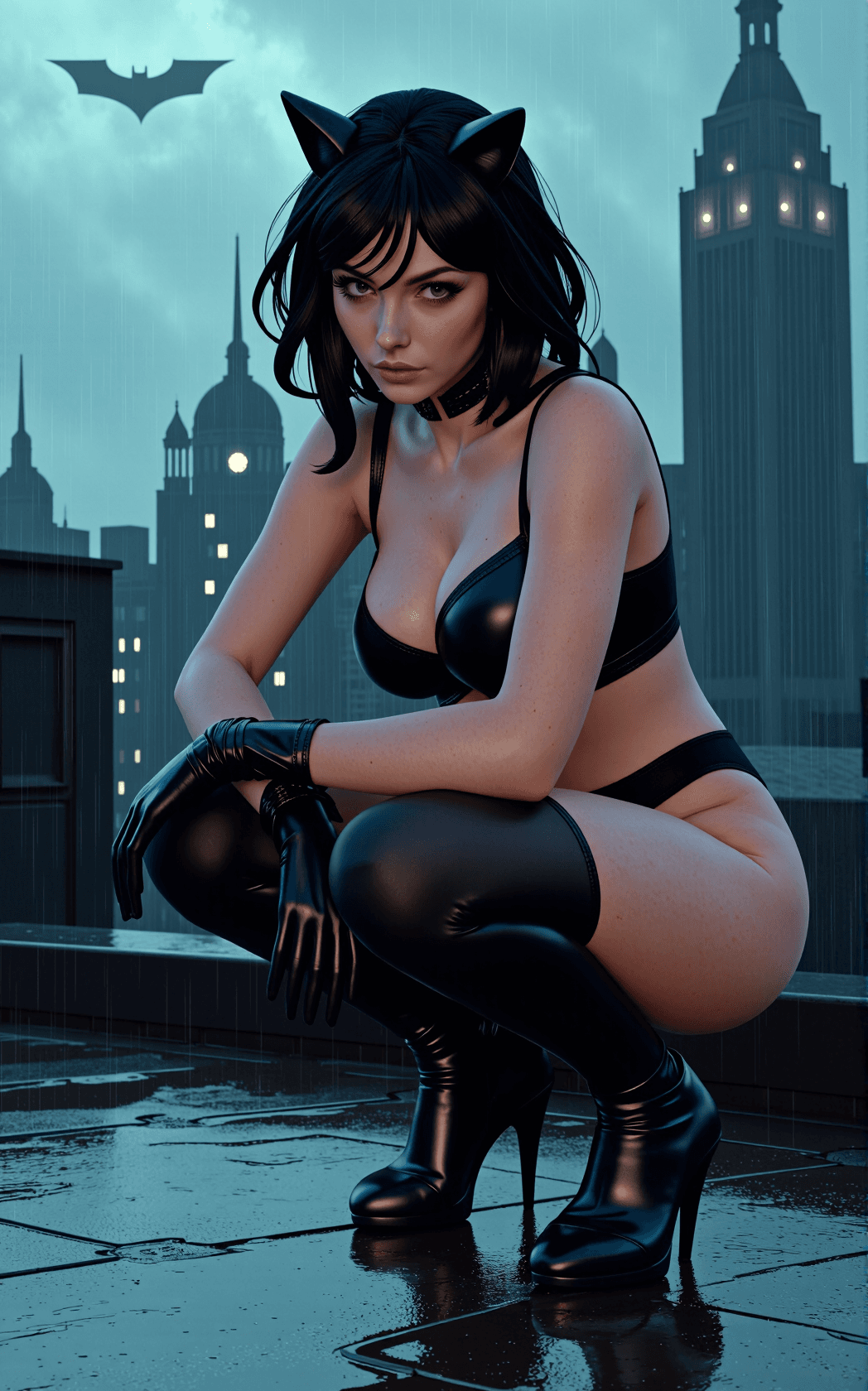 AI generated: A strikingly sensual and dangerous Catwoman crouches with feline grace atop a rain-slicked Gotham ro...