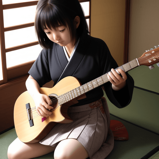 AI generated: Photo of a japanese girl playing base guitar
