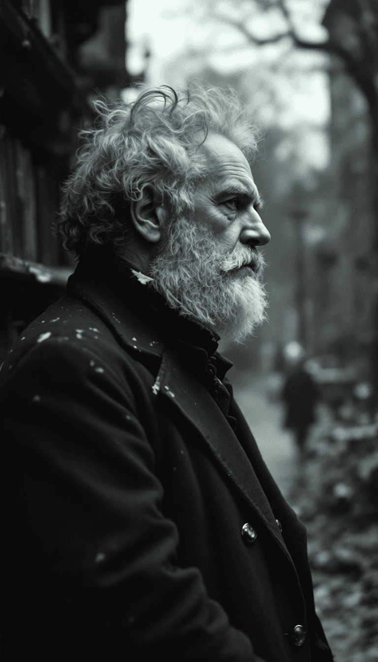 AI generated: Portrait of Arthur Schopenhauer in depressive mood  Haunting November day in  Berlin against a backg...