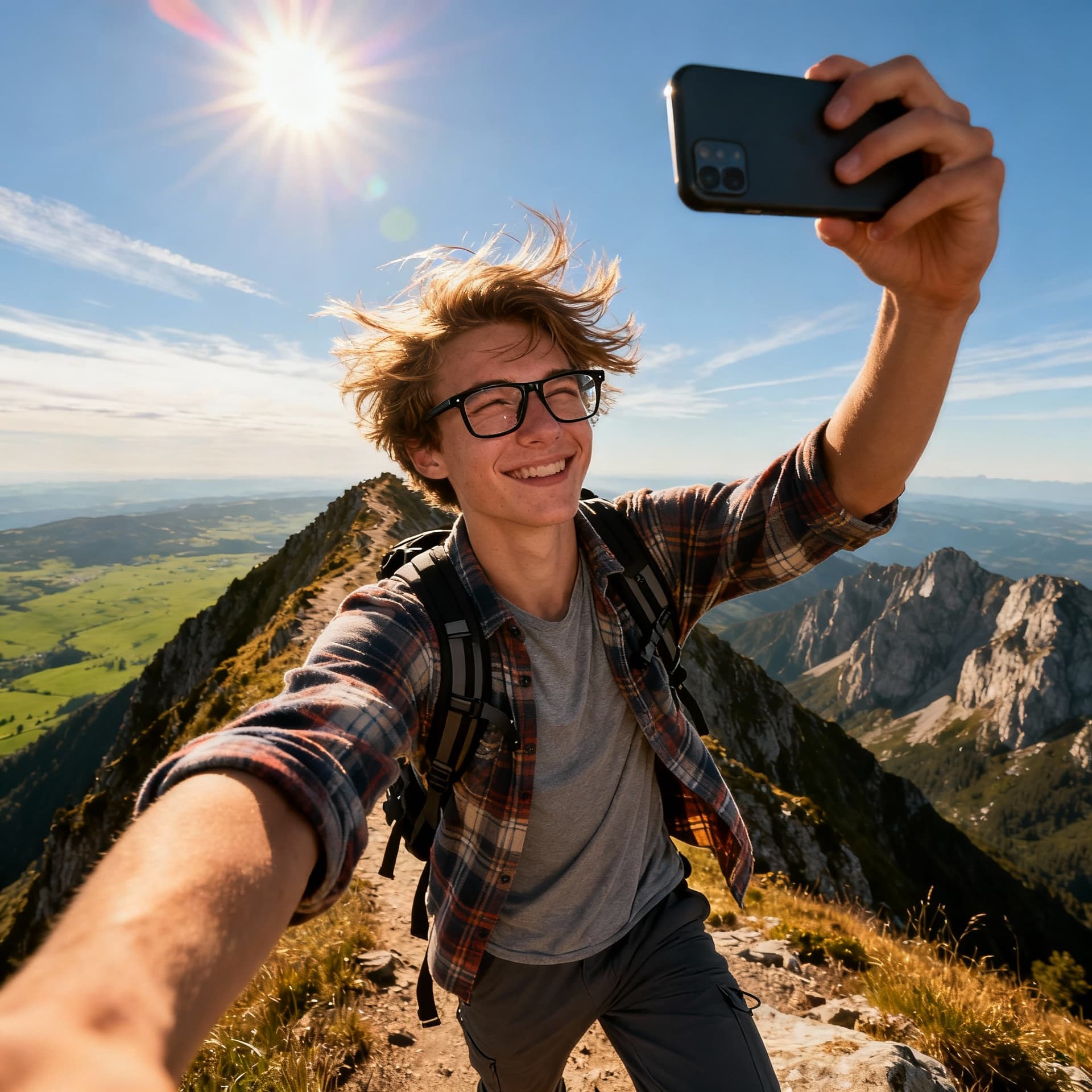 AI generated: {
  "subject": {
    "description": "A young man taking a selfie on a mountain hiking trail, smiling...